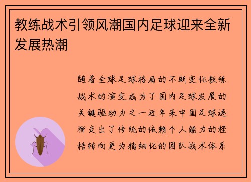 教练战术引领风潮国内足球迎来全新发展热潮