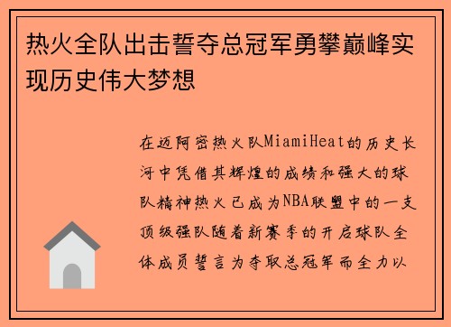 热火全队出击誓夺总冠军勇攀巅峰实现历史伟大梦想