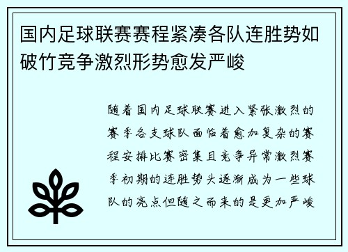 国内足球联赛赛程紧凑各队连胜势如破竹竞争激烈形势愈发严峻