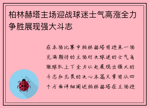 柏林赫塔主场迎战球迷士气高涨全力争胜展现强大斗志