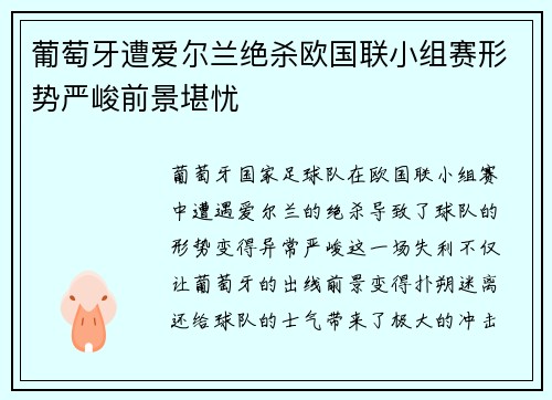 葡萄牙遭爱尔兰绝杀欧国联小组赛形势严峻前景堪忧