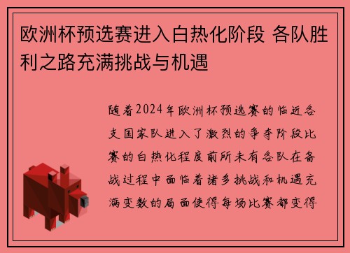 欧洲杯预选赛进入白热化阶段 各队胜利之路充满挑战与机遇